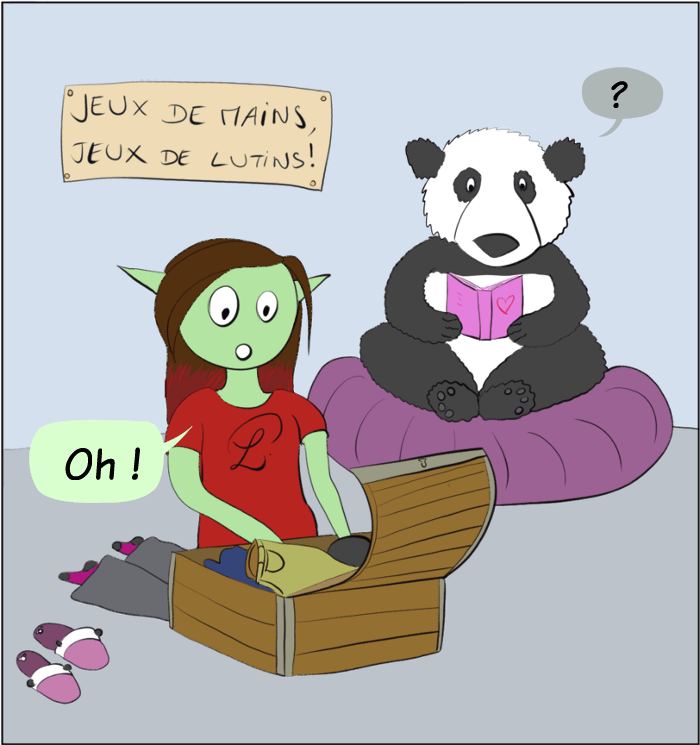 HotPanda 15, may 2019 : Petit Lutin, searching into a trunk, says "Oh !" Moustache the panda, who was reading behind her, is surprised.